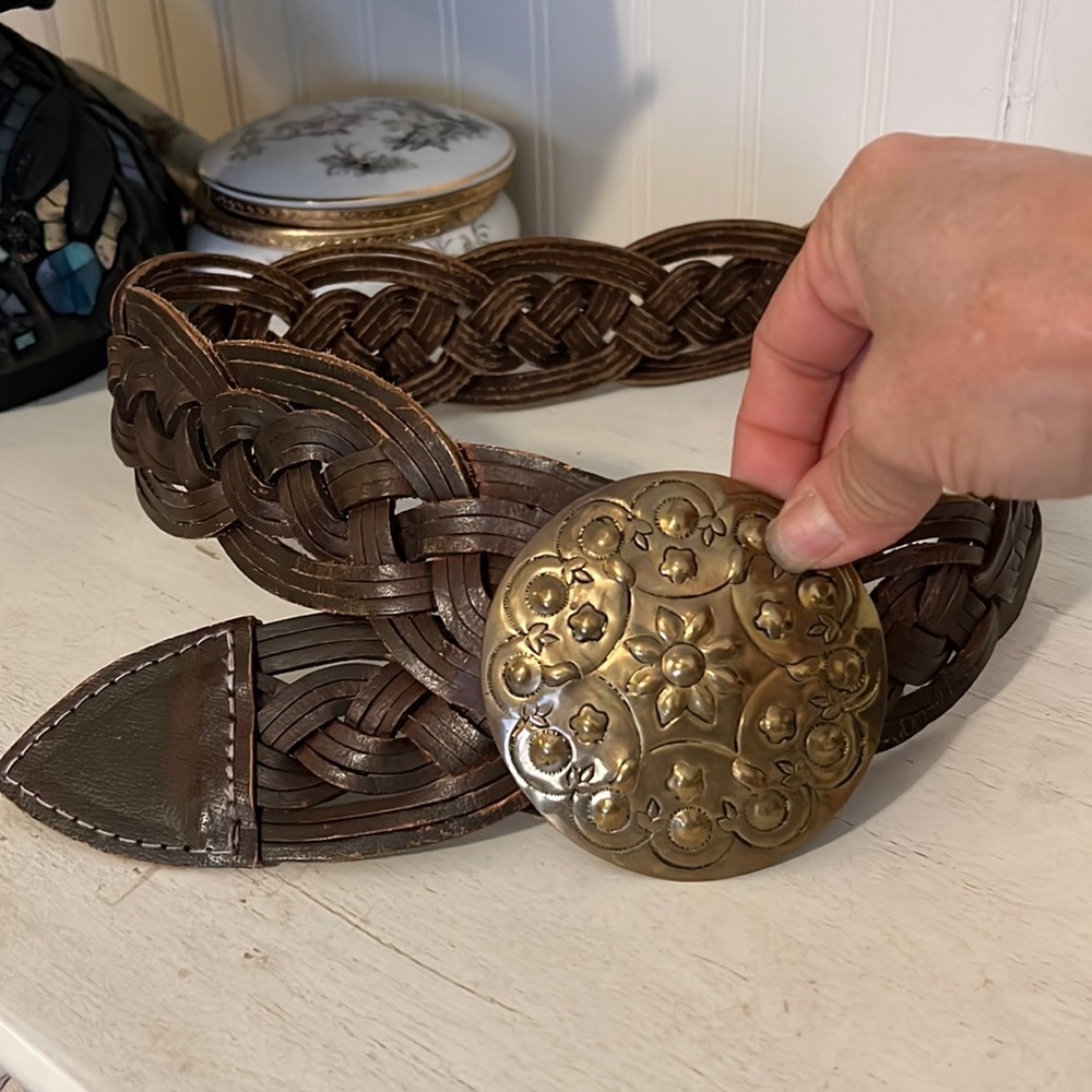 Handmade vintage woven leather brass clip wide ladies belt oversized